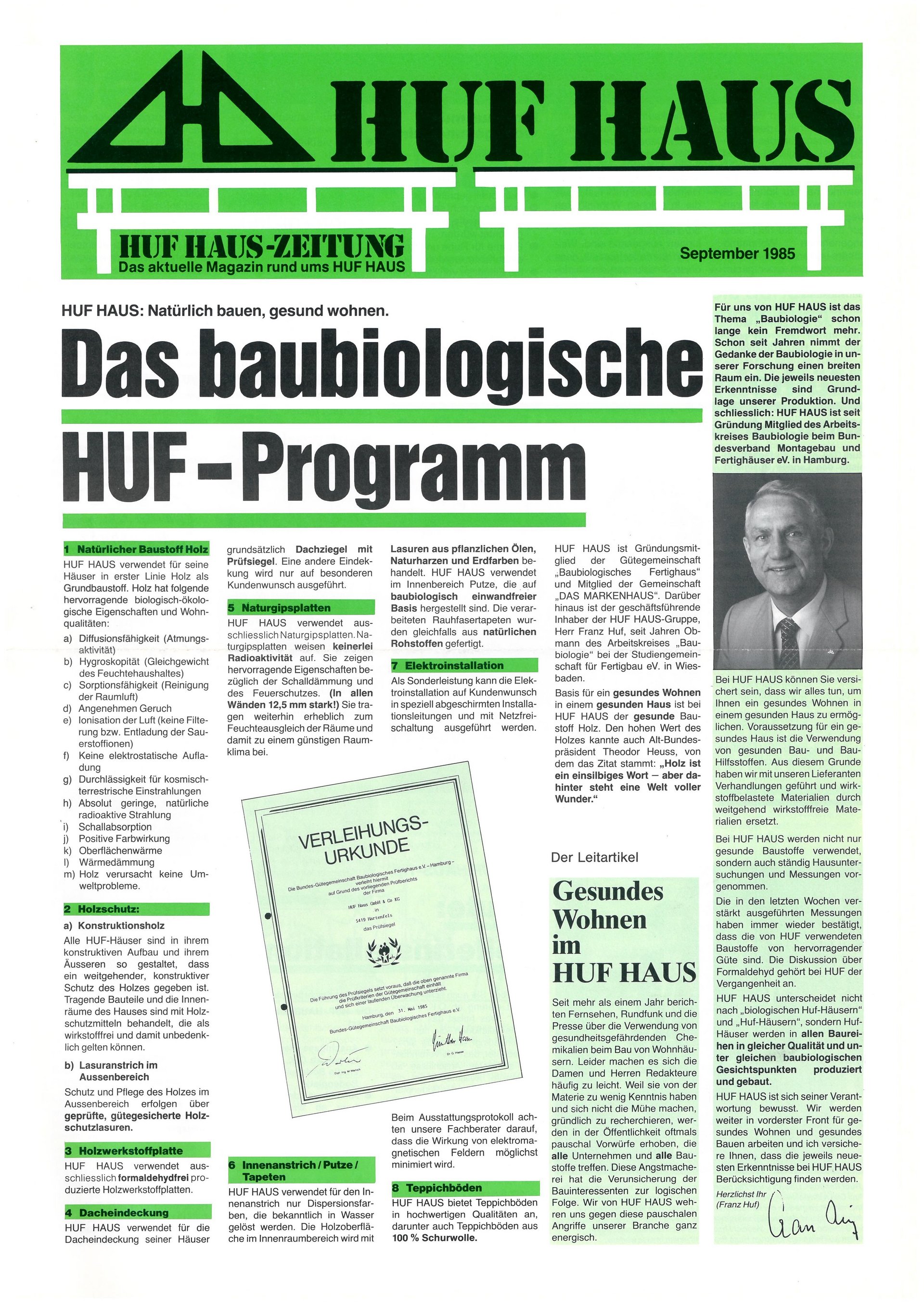 Jubiläumskalender 110 Jahre HUF HAUS HUF HAUS-ZEITUNG September 1985, baubiologisches HUF-Programm